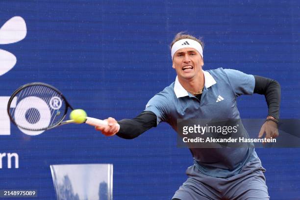 Alexander Zverev of Germany plays a fore hand during his second round match against Jurij Rodionov of Austria on day 5 of the BMW Open at MTTC...