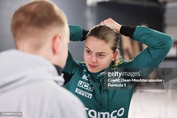 Tina Hausmann of Switzerland and PREMA Racing talks with a PREMA Racing team member during F1 Academy Testing at Circuit Zandvoort on April 17, 2024...