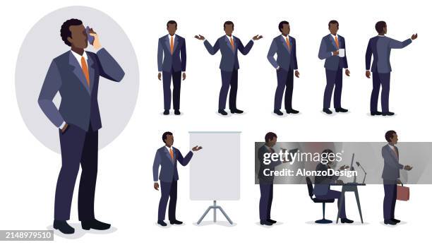 set des charakterdesigns eines afroamerikanischen geschäftsmanns. design verschiedener posen. - guy in front of computer cartoon stock-grafiken, -clipart, -cartoons und -symbole
