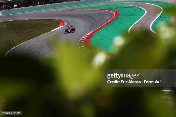 Sami Meguetounif of France and Trident drives on track during day two of Formula 3 Testing at Circuit de Barcelona-Catalunya on April 17, 2024 in...