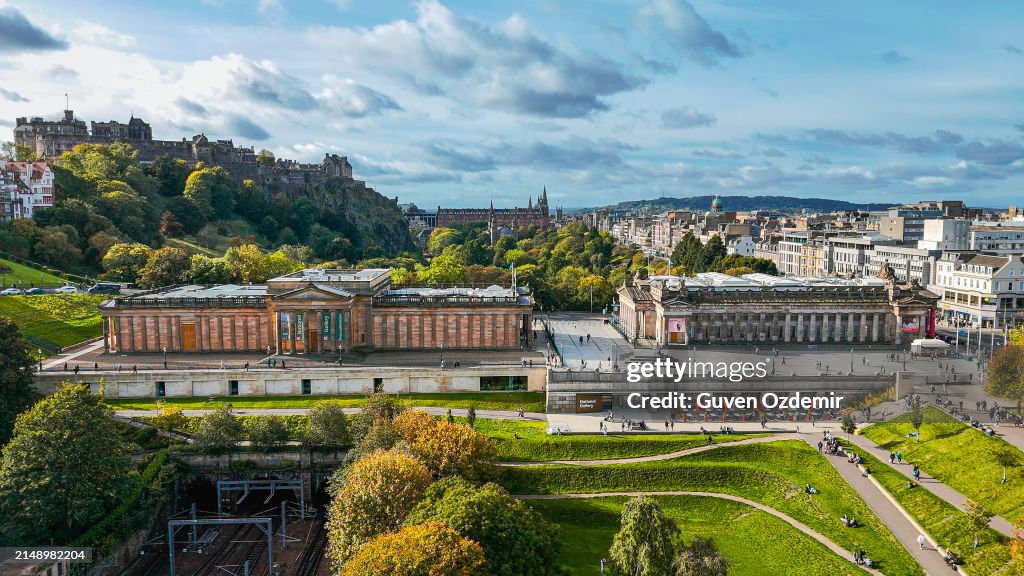 Aerial view of the Scottish National Gallery and Royal Scottish Academy, aerial view of Edinburgh, art gallery in Edinburgh city centre, aerial view of Edinburgh old town, aerial view of Edinburgh Royal Mile - The Hub