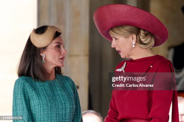 Queen Letizia of Spain speaks with Queen Máxima of the Netherlands as they attend the Welcome Ceremony during day two of her visit to the Netherlands...