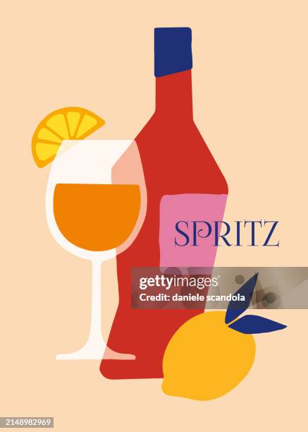 spritz cocktail with orange and bottle. - fruit juice bottle stock illustrations