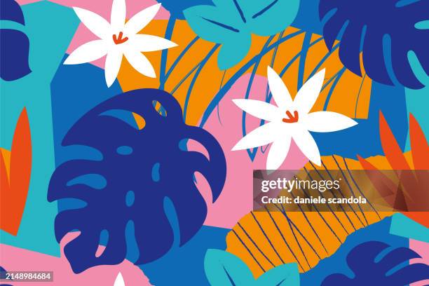 stockillustraties, clipart, cartoons en iconen met collage contemporary floral seamless pattern. modern exotic jungle fruits and plants illustration in vector. - tropische hitte