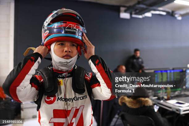 Chloe Chambers of United States and Campos Racing prepares to drive in the garage during F1 Academy Testing at Circuit Zandvoort on April 17, 2024 in...