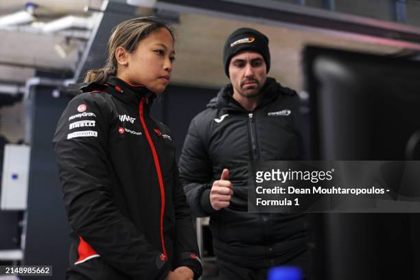 Chloe Chambers of United States and Campos Racing looks on in the garage during F1 Academy Testing at Circuit Zandvoort on April 17, 2024 in...