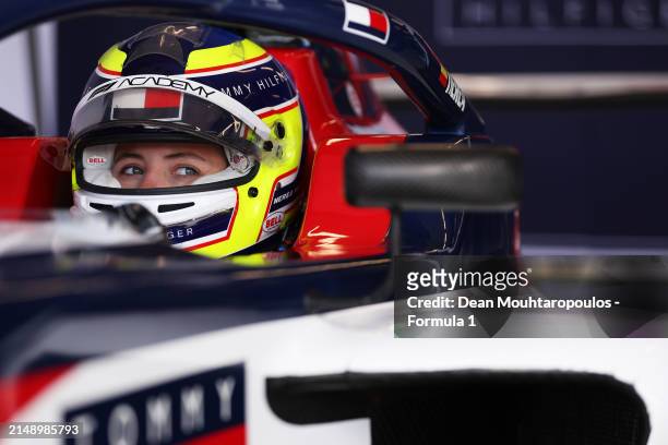 Nerea Marti of Spain and Campos Racing looks on in the garage during F1 Academy Testing at Circuit Zandvoort on April 17, 2024 in Zandvoort,...