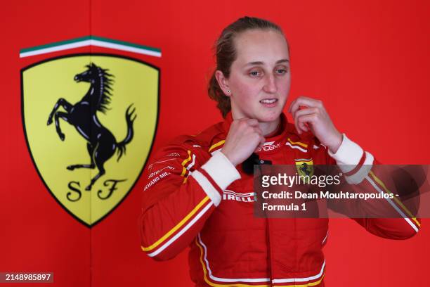 Maya Weug of Netherlands and PREMA Racing looks on in the garage during F1 Academy Testing at Circuit Zandvoort on April 17, 2024 in Zandvoort,...