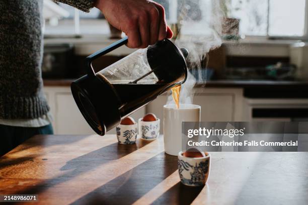 a man pours a cup of coffee from a french press coffee maker - coffee bildbanksfoton och bilder