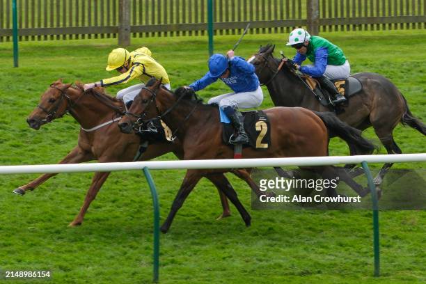 Oisin Orr riding Pretty Crystal win The Lanwades Stud Nell Gwyn Stakes from William Buick and Dance Sequence at Newmarket Racecourse on April 17,...