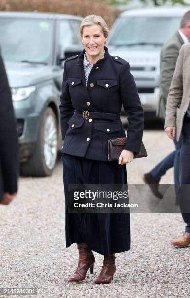 Sophie, Duchess Of Edinburgh smiles as she arrives for her visit to Yeo Valley Farm on April 17, 2024 in Blagdon, England.
