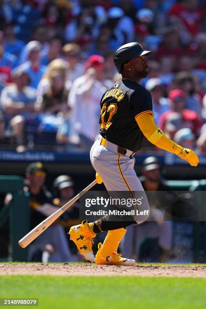 Andrew McCutchen of the Pittsburgh Pirates bats against the Philadelphia Phillies at Citizens Bank Park on April 14, 2024 in Philadelphia,...