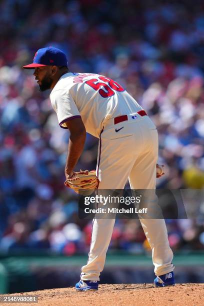 Seranthony Dominguez of the Philadelphia Phillies throws a pitch against the Pittsburgh Pirates at Citizens Bank Park on April 14, 2024 in...