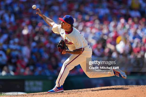 Orion Kerkering of the Philadelphia Phillies throws a pitch against the Pittsburgh Pirates at Citizens Bank Park on April 14, 2024 in Philadelphia,...