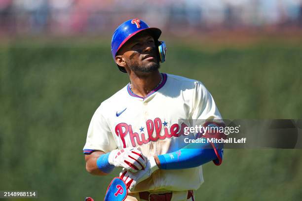 Johan Rojas of the Philadelphia Phillies looks on against the Pittsburgh Pirates at Citizens Bank Park on April 14, 2024 in Philadelphia,...
