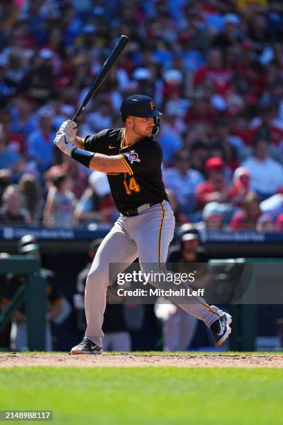 Joey Bart of the Pittsburgh Pirates bats against the Philadelphia Phillies at Citizens Bank Park on April 14, 2024 in Philadelphia, Pennsylvania. The...