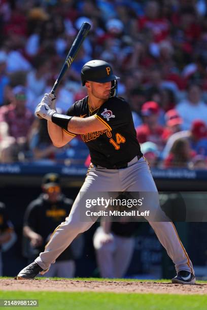 Joey Bart of the Pittsburgh Pirates bats against the Philadelphia Phillies at Citizens Bank Park on April 14, 2024 in Philadelphia, Pennsylvania. The...