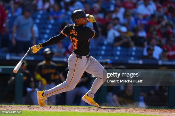 Ke'Bryan Hayes of the Pittsburgh Pirates bats against the Philadelphia Phillies at Citizens Bank Park on April 14, 2024 in Philadelphia,...