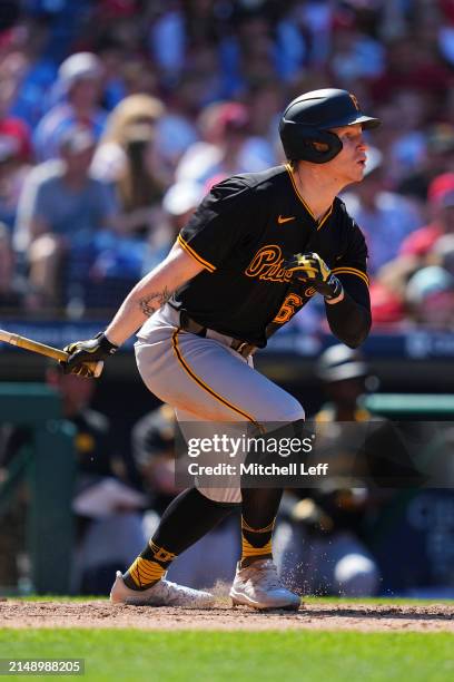 Jack Suwinski of the Pittsburgh Pirates bats against the Philadelphia Phillies at Citizens Bank Park on April 14, 2024 in Philadelphia, Pennsylvania....