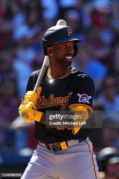 Andrew McCutchen of the Pittsburgh Pirates bats against the Philadelphia Phillies at Citizens Bank Park on April 14, 2024 in Philadelphia,...