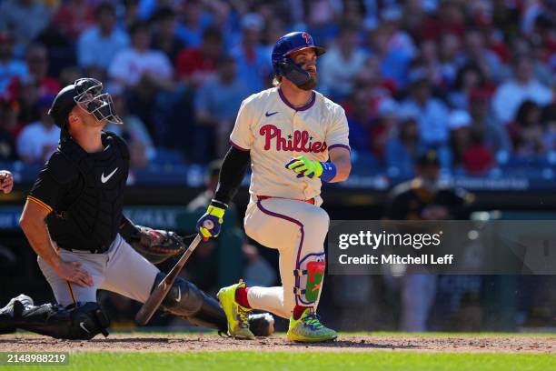 Bryce Harper of the Philadelphia Phillies bats against the Pittsburgh Pirates at Citizens Bank Park on April 14, 2024 in Philadelphia, Pennsylvania....