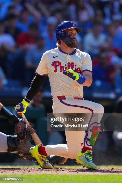 Bryce Harper of the Philadelphia Phillies bats against the Pittsburgh Pirates at Citizens Bank Park on April 14, 2024 in Philadelphia, Pennsylvania....