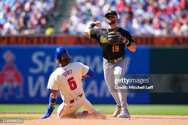 Jared Triolo of the Pittsburgh Pirates attempts to turn a double play against Bryson Stott of the Philadelphia Phillies at Citizens Bank Park on...