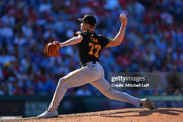 Ryder Ryan of the Pittsburgh Pirates throws a pitch against the Philadelphia Phillies at Citizens Bank Park on April 14, 2024 in Philadelphia,...