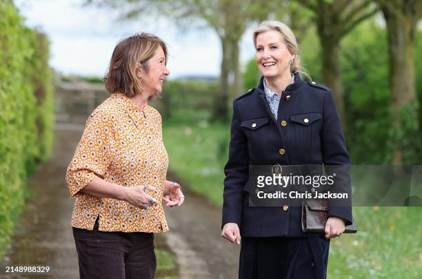 Sophie, Duchess Of Edinburgh speaks with head gardener Sarah Mead during her visit to Yeo Valley Farm on April 17, 2024 in Blagdon, England.