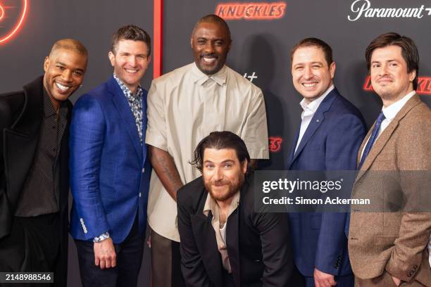 Kid Cudi, Jeff Fowler, Idris Elba, Adam Pally, Toby Ascher and John Whittington attend the "Knuckles" Global Premiere at the Odeon Luxe West End on...
