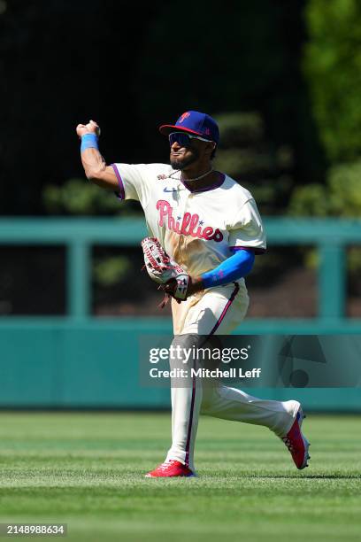 Johan Rojas of the Philadelphia Phillies in action against the Pittsburgh Pirates at Citizens Bank Park on April 14, 2024 in Philadelphia,...