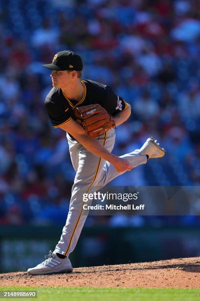 Ryder Ryan of the Pittsburgh Pirates throws a pitch against the Philadelphia Phillies at Citizens Bank Park on April 14, 2024 in Philadelphia,...