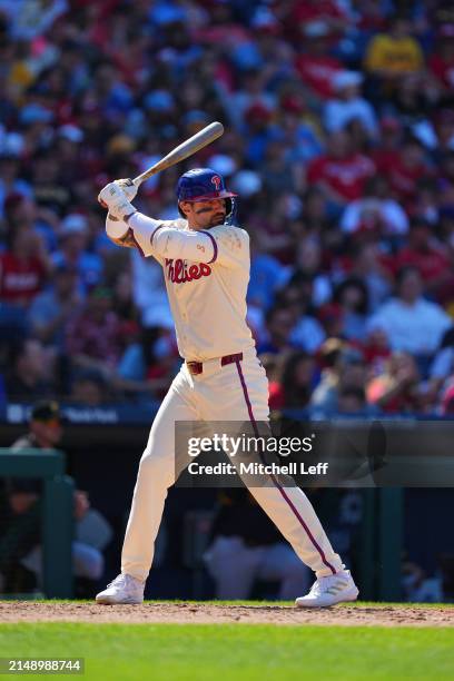 Nick Castellanos of the Philadelphia Phillies bats against the Pittsburgh Pirates at Citizens Bank Park on April 14, 2024 in Philadelphia,...