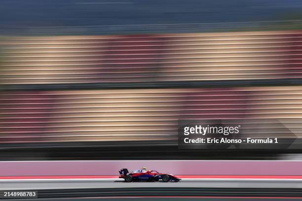 Sami Meguetounif of France and Trident drives on track during day two of Formula 3 Testing at Circuit de Barcelona-Catalunya on April 17, 2024 in...