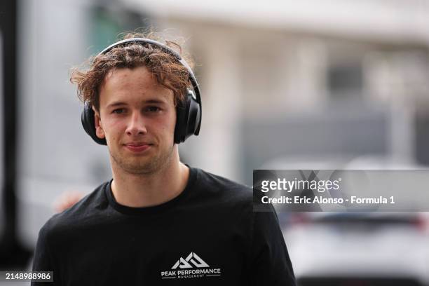 Joshua Dufek of Austria and PHM AIX Racing looks on in the Paddock during day two of Formula 3 Testing at Circuit de Barcelona-Catalunya on April 17,...