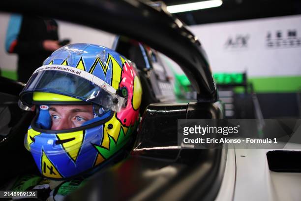 Charlie Wurz of Austria and Jenzer Motorsport prepares to drive in the garage during day two of Formula 3 Testing at Circuit de Barcelona-Catalunya...