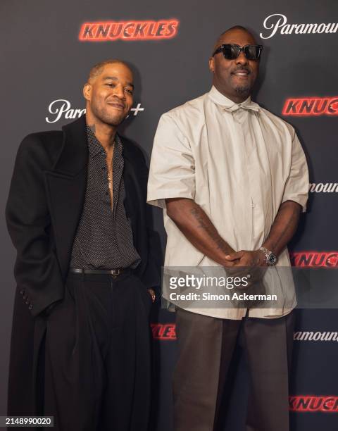Kid Cudi and Idris Elba attend the "Knuckles" Global Premiere at the Odeon Luxe West End on April 16, 2024 in London, England.