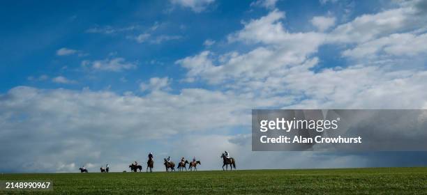 Runners pull up on the hill after finishing The bet365 EBF Maiden Fillies' Stakes at Newmarket Racecourse on April 17, 2024 in Newmarket, England.
