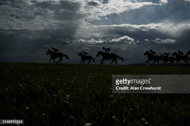Runners ease down on the hill after finishing The bet365 EBF Maiden Fillies' Stakes at Newmarket Racecourse on April 17, 2024 in Newmarket, England.