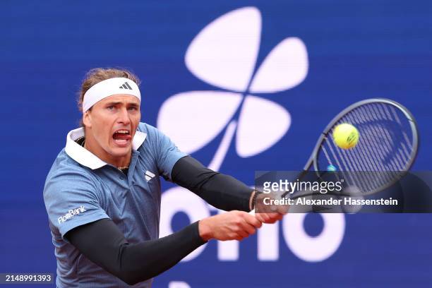 Alexander Zverev of Germany plays a back hand during his second round match against Jurij Rodionov of Austria on day 5 of the BMW Open at MTTC...