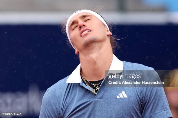 Alexander Zverev of Germany reacts prior to a rain break during his second round match against Jurij Rodionov of Austria on day 5 of the BMW Open at...