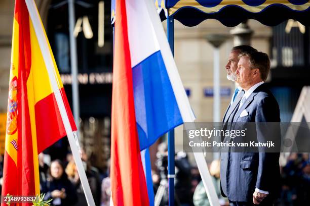 King Willem-Alexander of The Netherlands welcomes King Felipe of Spain with an official welcome ceremony at the Royal Palace on April 17, 2024 in...