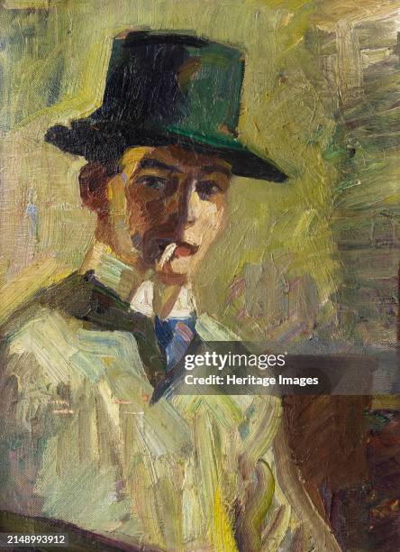 Self-portrait with a high hat and a cigarette, 1910. Private Collection. Creator: Stenner, Hermann .