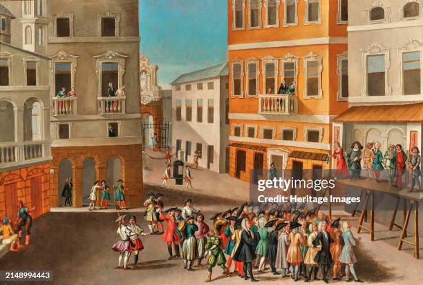 City landscape with actors from the Commedia dell'arte, 18th century. Private Collection. Creator: Unknown artist.