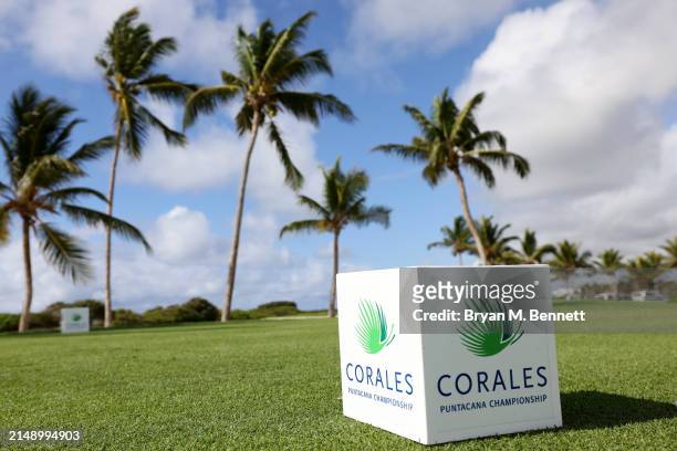 Detail of a tee marker prior to the Corales Puntacana Championship at Puntacana Resort & Club, Corales Golf Course on April 17, 2024 in Punta Cana,...