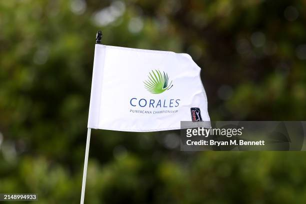 Detail view of a pin flag prior to the Corales Puntacana Championship at Puntacana Resort & Club, Corales Golf Course on April 17, 2024 in Punta...