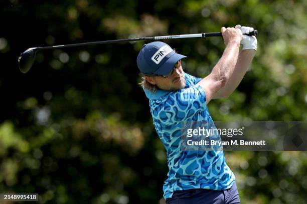 Austin Cook of United States plays a shot from the 13th tee during a practice round prior to the Corales Puntacana Championship at Puntacana Resort &...
