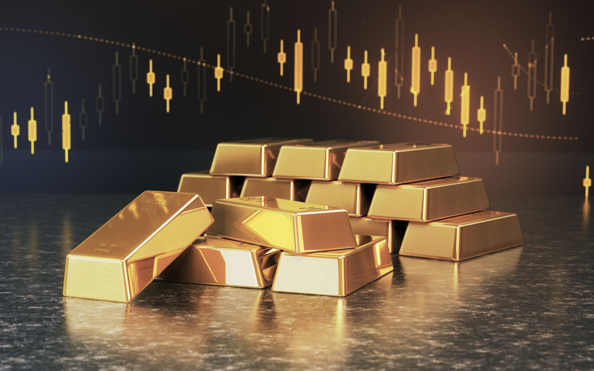 Gold Bars & Sitting on Financial Chart Background Gold Bars & Sitting on Financial Chart Background