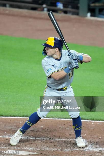 Sal Frelick of the Milwaukee Brewers prepares for a pitch during a baseball game against the Baltimore Orioles at Oriole Park at Camden Yards on...