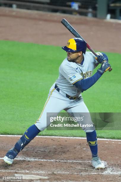 Blake Perkins of the Milwaukee Brewers prepares for a pitch during a baseball game against the Baltimore Orioles at Oriole Park at Camden Yards on...